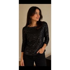 Calvin Klein Womens Black Sequin Boat Neck 3/4 Sleeve Blouse Top Party Holiday